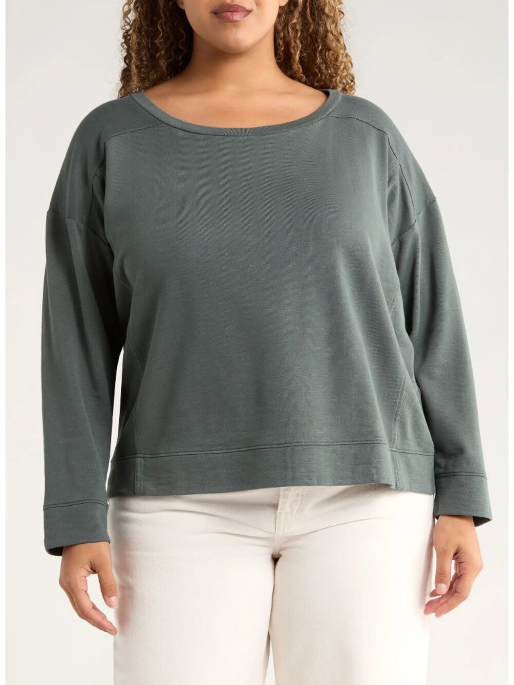 Eileen Fisher $168 Ballet Neck Boxy Organic Cotton Terry Top Everglade Sz 2X NWT